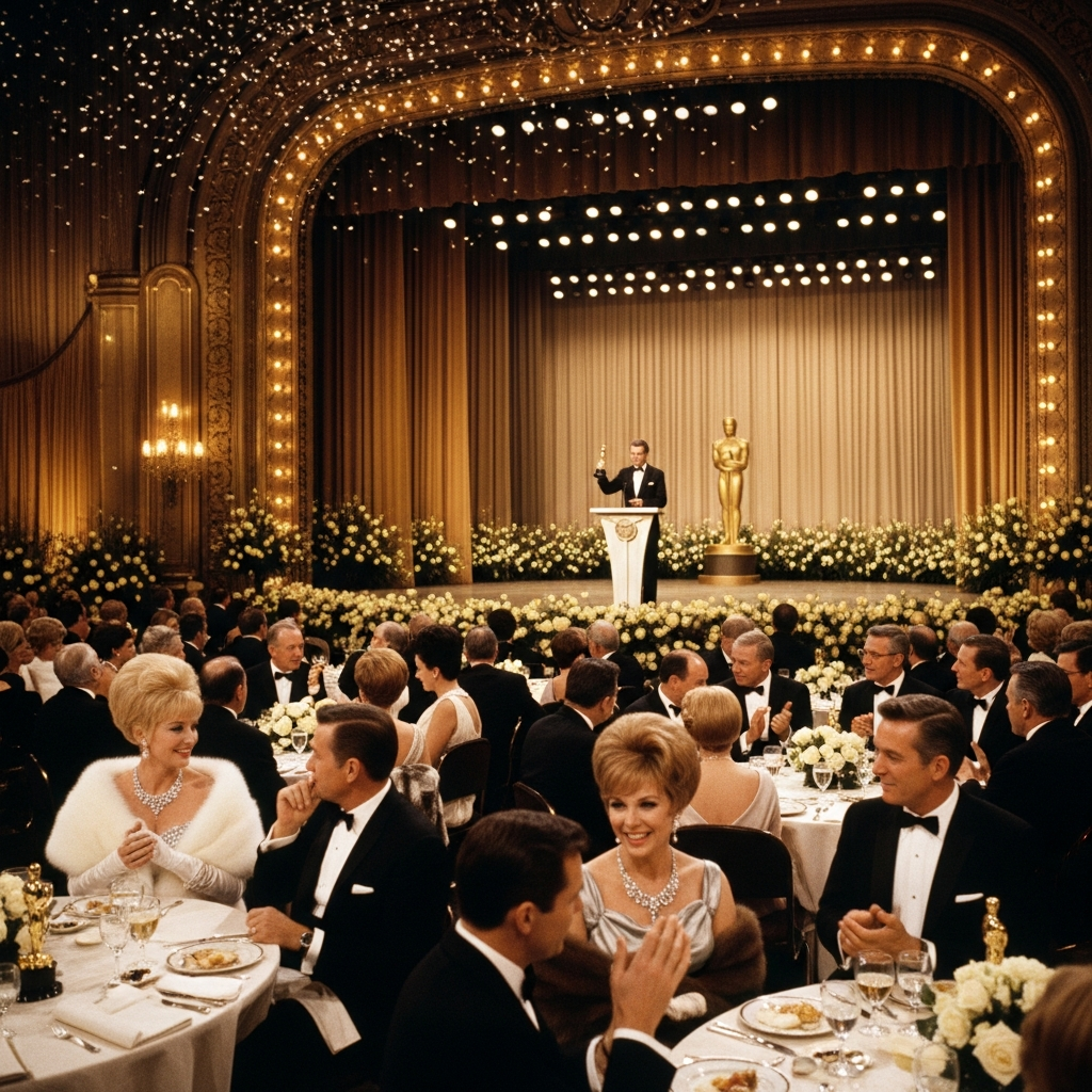 A glamorous 1960s Academy Awards ceremony scene with elegant attendees in formal attire, celebrating a winning film. Golden stage lighting, sophisticated atmosphere, vintage Hollywood elegance. No text.