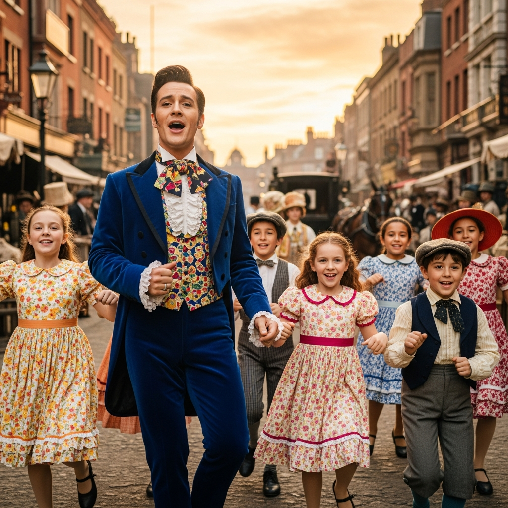 A lively musical performance scene from a 1960s film, featuring a well-dressed performer singing and dancing with children in a playful, joyful setting. Victorian London background with vibrant colors and energetic choreography. No text.