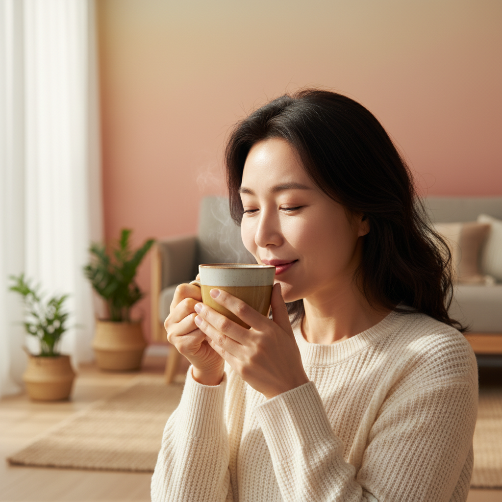 A Korean woman in her 40s gently sips warm jujube tea from a traditional mug, looking relaxed and healthy. Her home is bright and clean with natural light filtering in. The background is a soft, warm gradient. No visible text. Style: lifestyle photography, warm lighting, natural setting.