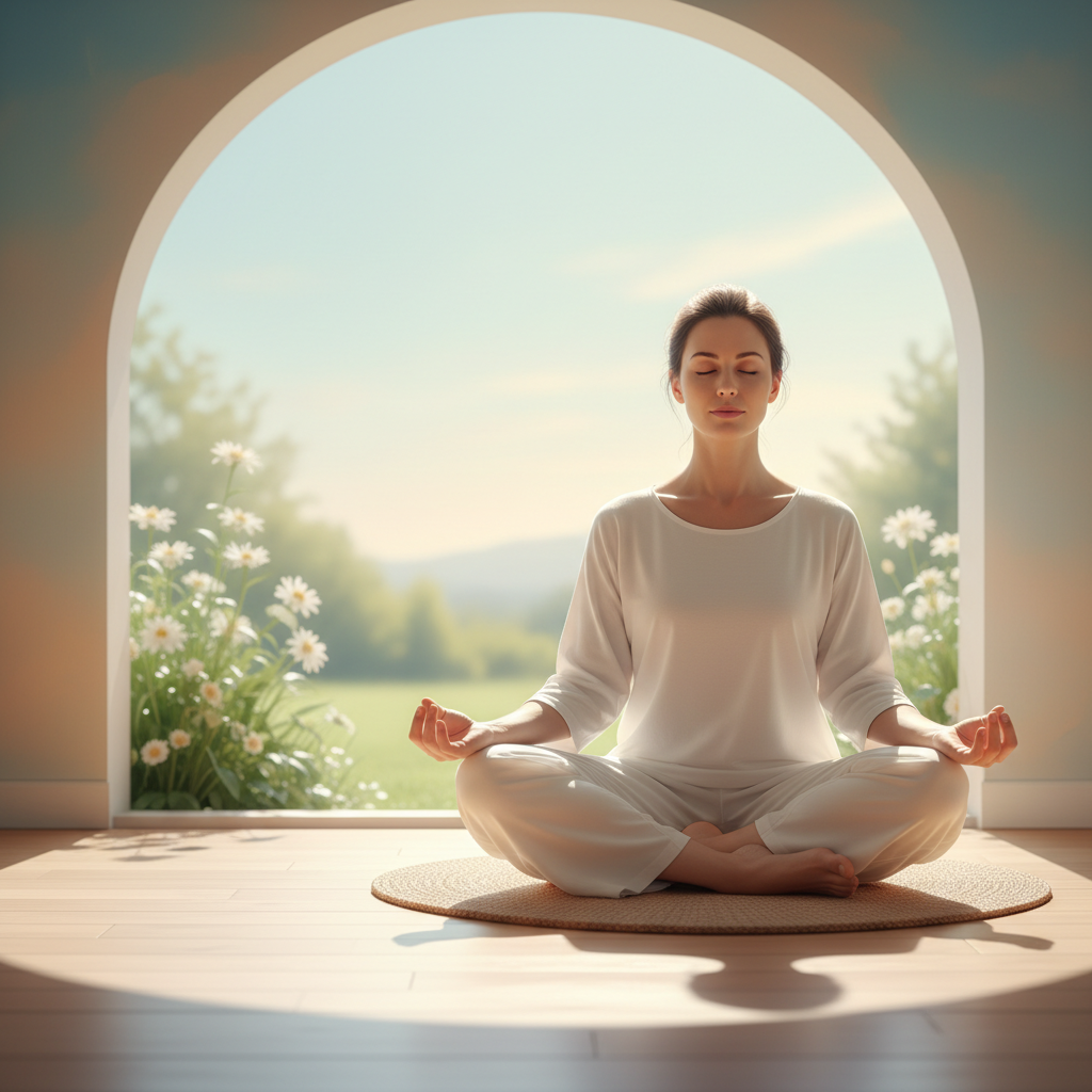 A serene scene depicting a person engaged in healthy activities like light exercise or meditation in a peaceful environment, natural lighting, soft gradient background, no text.