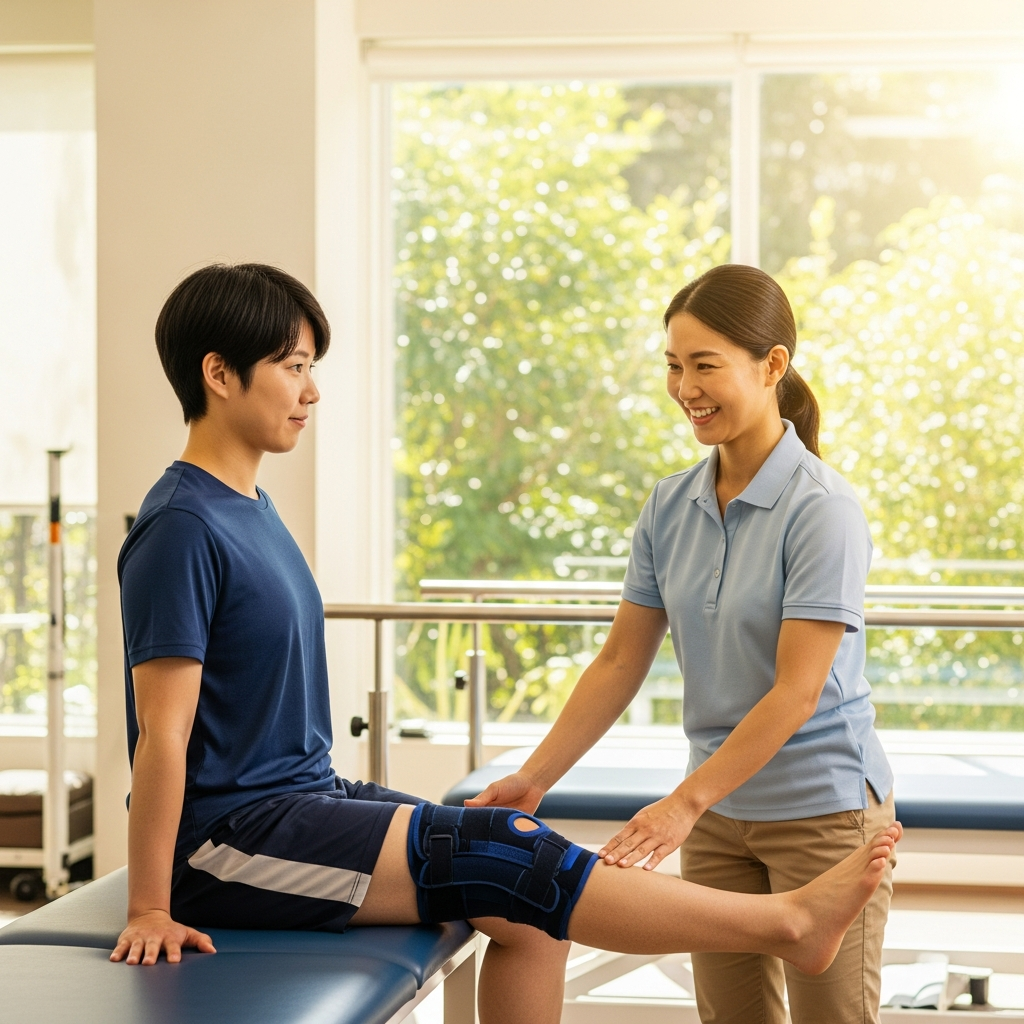 A Korean person wearing a knee brace, performing light rehabilitation exercises under the guidance of a physical therapist. Lifestyle photography, warm lighting, natural setting, no visible text.