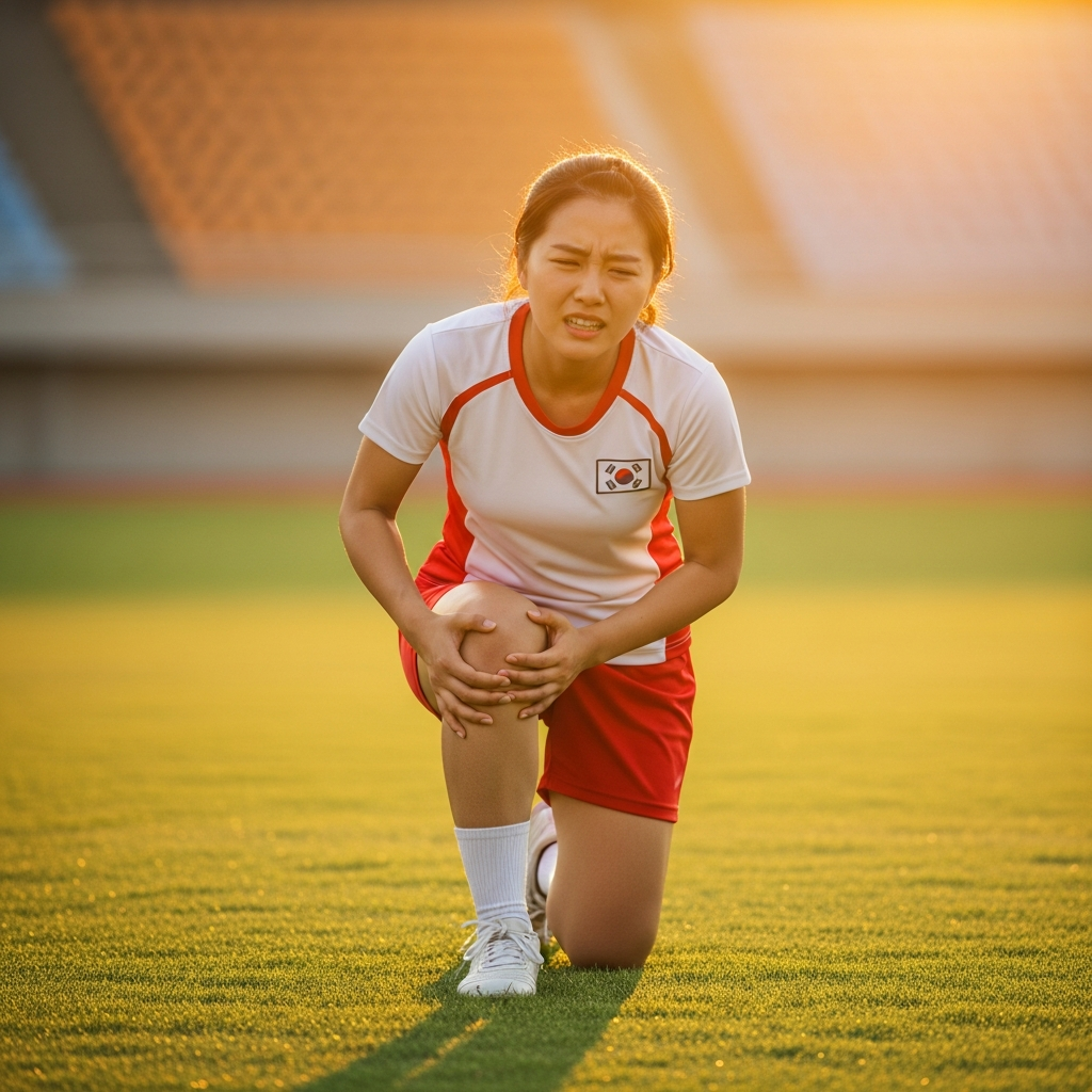 A Korean athlete clutching their knee in pain on a sports field, showing discomfort and concern. Dynamic, warm lighting, textured background, no visible text.