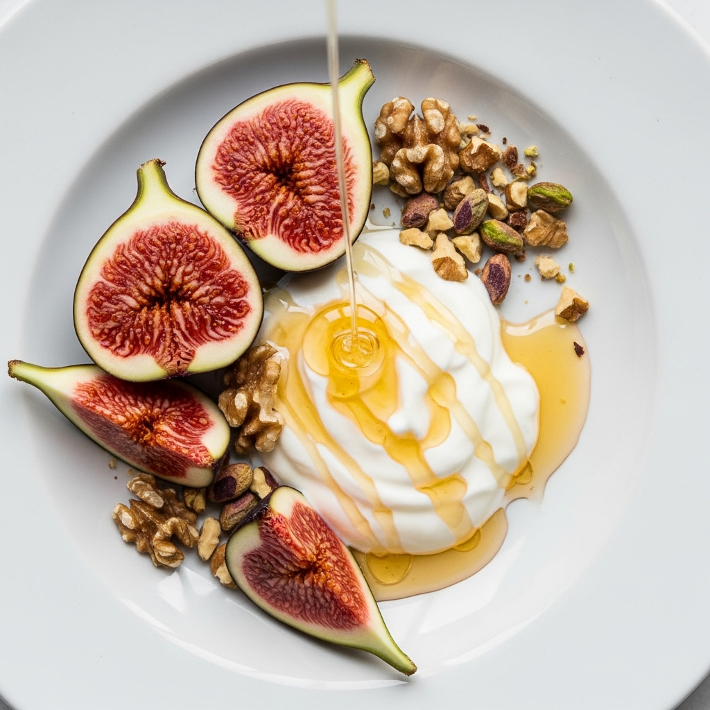 Beautiful fig dessert plate with fresh figs, yogurt, honey drizzle, and nuts on white ceramic plate, top-down food photography, natural lighting, restaurant quality presentation, minimalist styling, no text