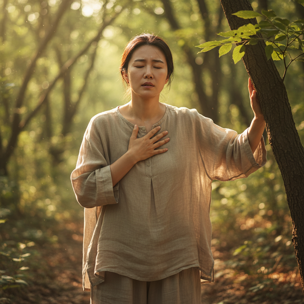 A Korean woman in a natural setting, feeling dizzy with a hand on her chest, a faint sweat on her forehead, warm lighting, natural expression, lifestyle photography, soft textured background, no text