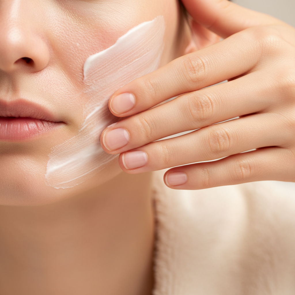 Close-up of sensitive facial skin, slightly red and dry patches, gentle hands applying a soothing lotion, warm and soft light, textured cream background, no text