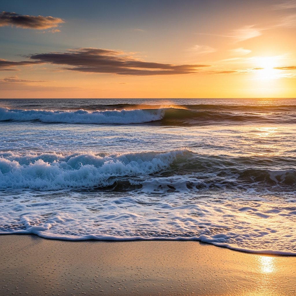 Ocean waves rolling towards a sandy beach at golden hour, with white foam crests and deep blue water. Show the dynamic movement of water, wind ripples on the surface, and a dramatic sky. Natural lighting, realistic water textures, no text.