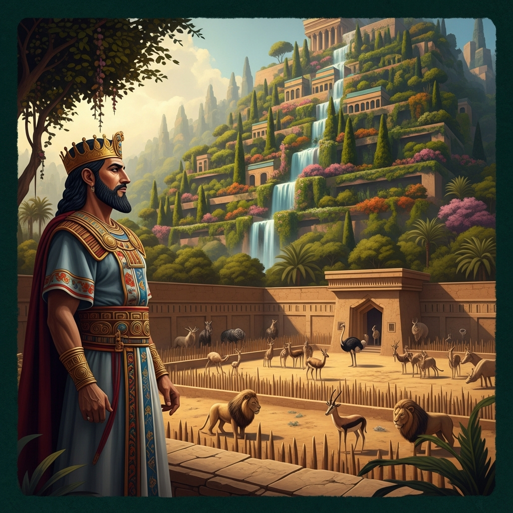 Artistic rendering of King Nebuchadnezzar II observing a grand ancient Babylonian zoo, lush hanging gardens in the background, powerful and regal atmosphere, textured background, no text.