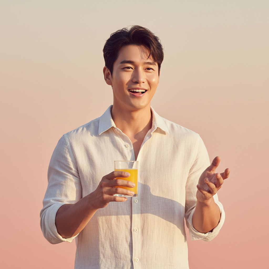 A Korean person looking refreshed and energetic, with a bright, warm lighting and a soft gradient background. No visible text, lifestyle photography.