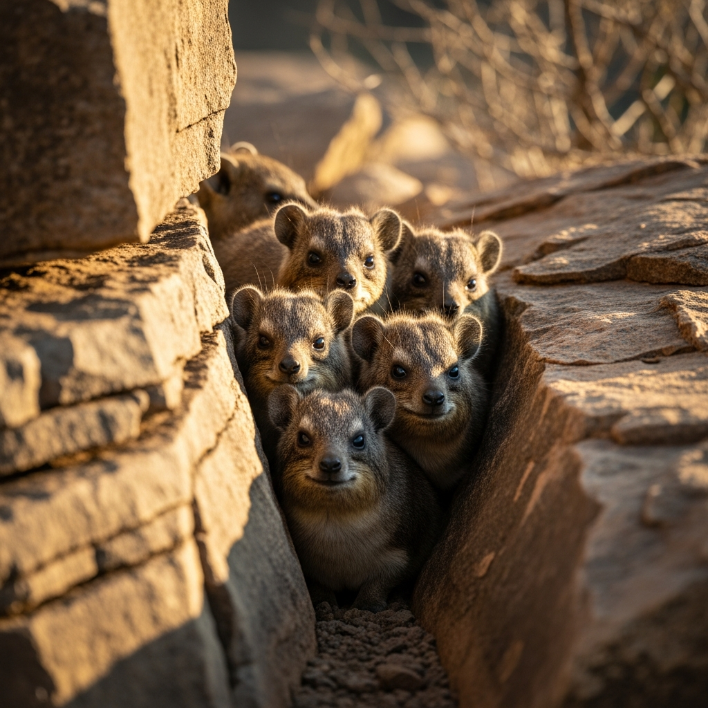 lifestyle photography of a group of hyraxes hiding in a rocky crevice in Africa, natural setting, warm lighting, textured background, no visible text.