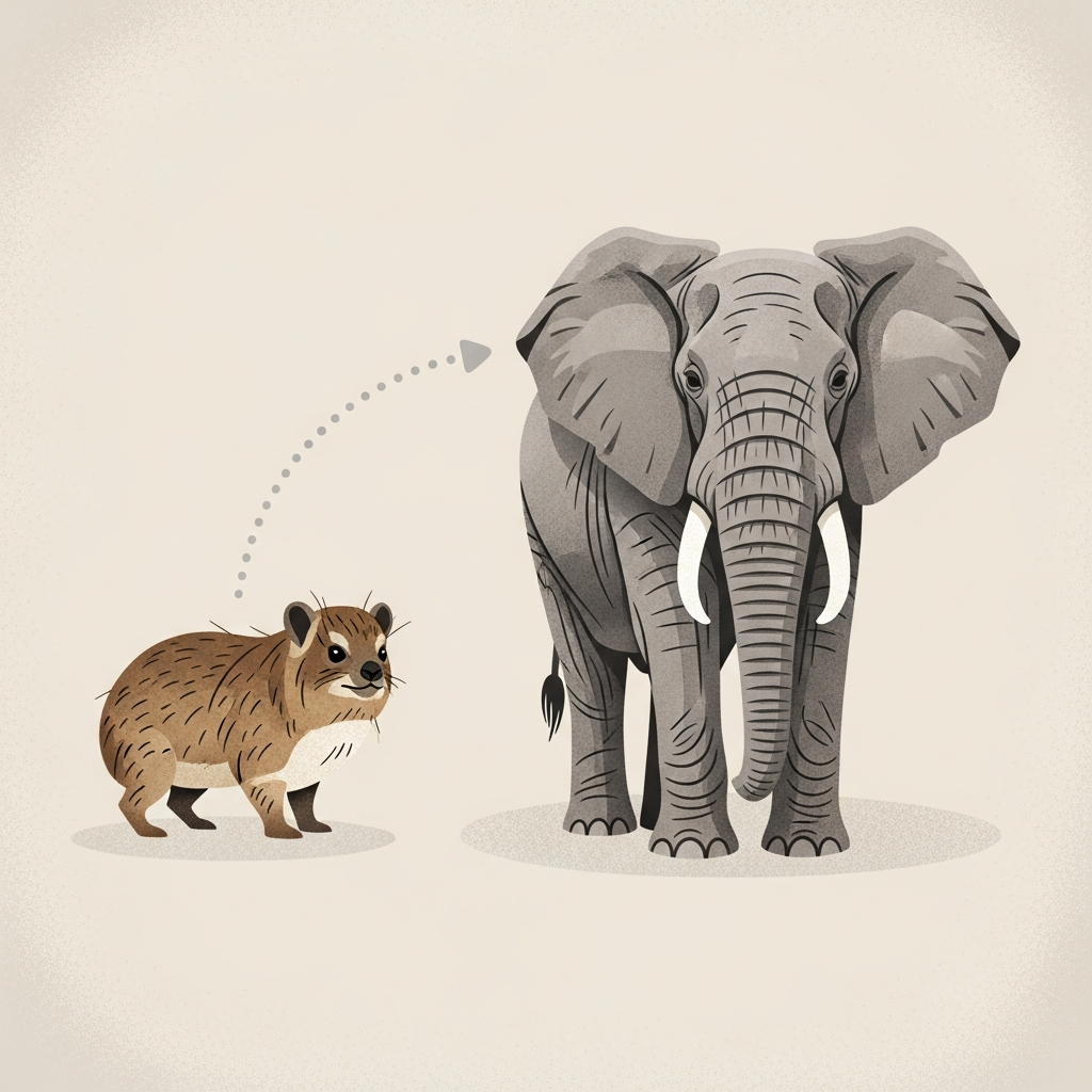 illustration showing a small hyrax and a large elephant side by side, with a subtle evolutionary connection line between them, clean infographic style, textured background, bright balanced lighting, no visible text.