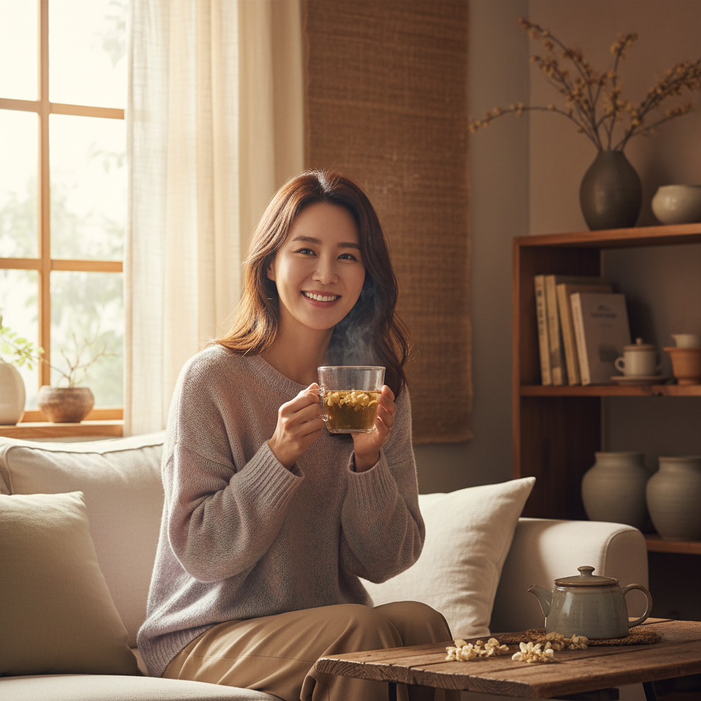 A Korean woman with a bright, healthy expression, enjoying a cup of acacia flower tea, warm and inviting lighting, cozy home setting, natural lifestyle photography, textured background, no text