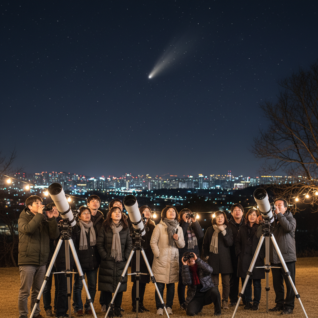 A lifestyle photography image of a diverse group of Korean people gathered outdoors at night, looking up at the sky with telescopes and binoculars, observing a faintly visible comet. Warm lighting, natural setting, distant cityscape lights, centered focus, no empty margins, no text.
