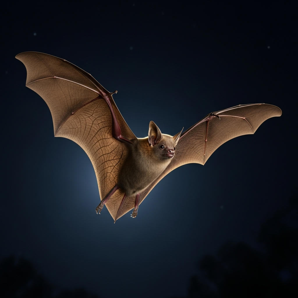 A realistic illustration of a vampire bat flying in a dark night sky, with a hint of curiosity in the atmosphere. No text.