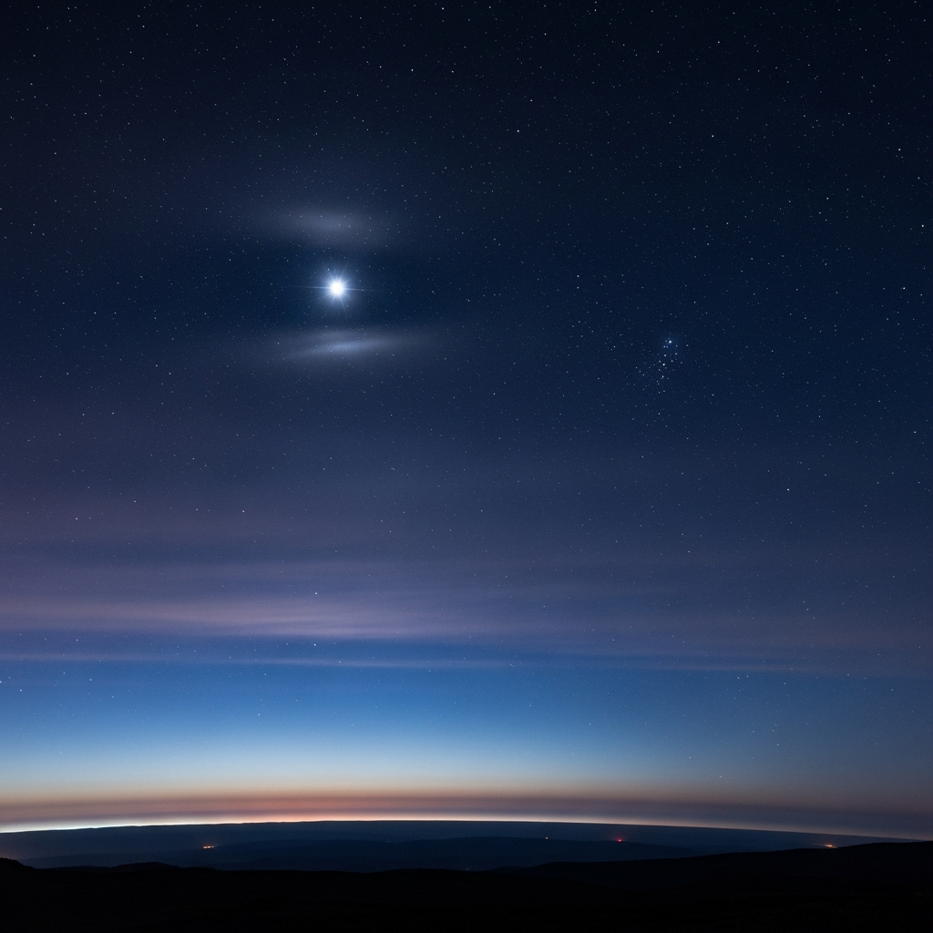 Realistic depiction of star light interacting with Earth's atmosphere, showing subtle light scattering effects, a dark blue sky with faint atmospheric layers, detailed composition, colored background, no text