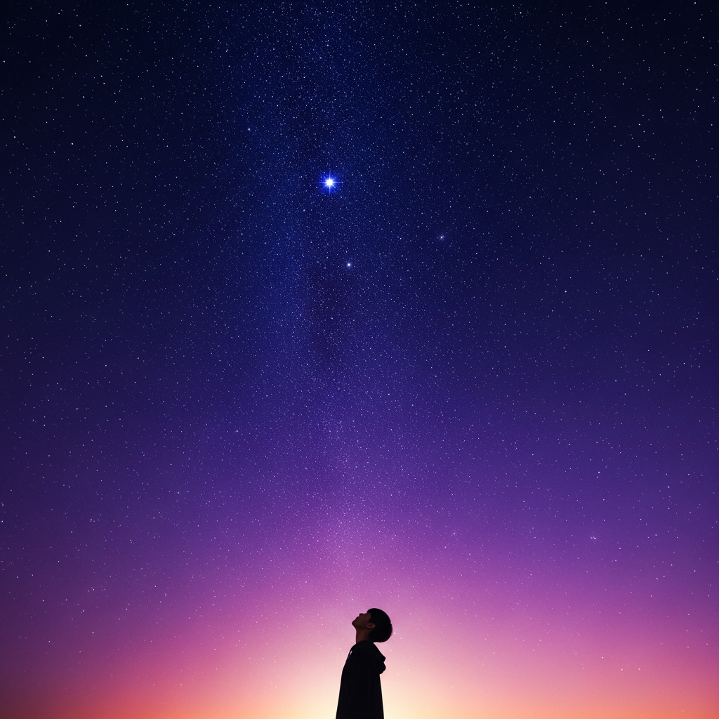 A stunning night sky filled with countless twinkling stars, with a silhouette of a person looking up, warm lighting, deep blue and purple gradient background, no text, Korean appearance