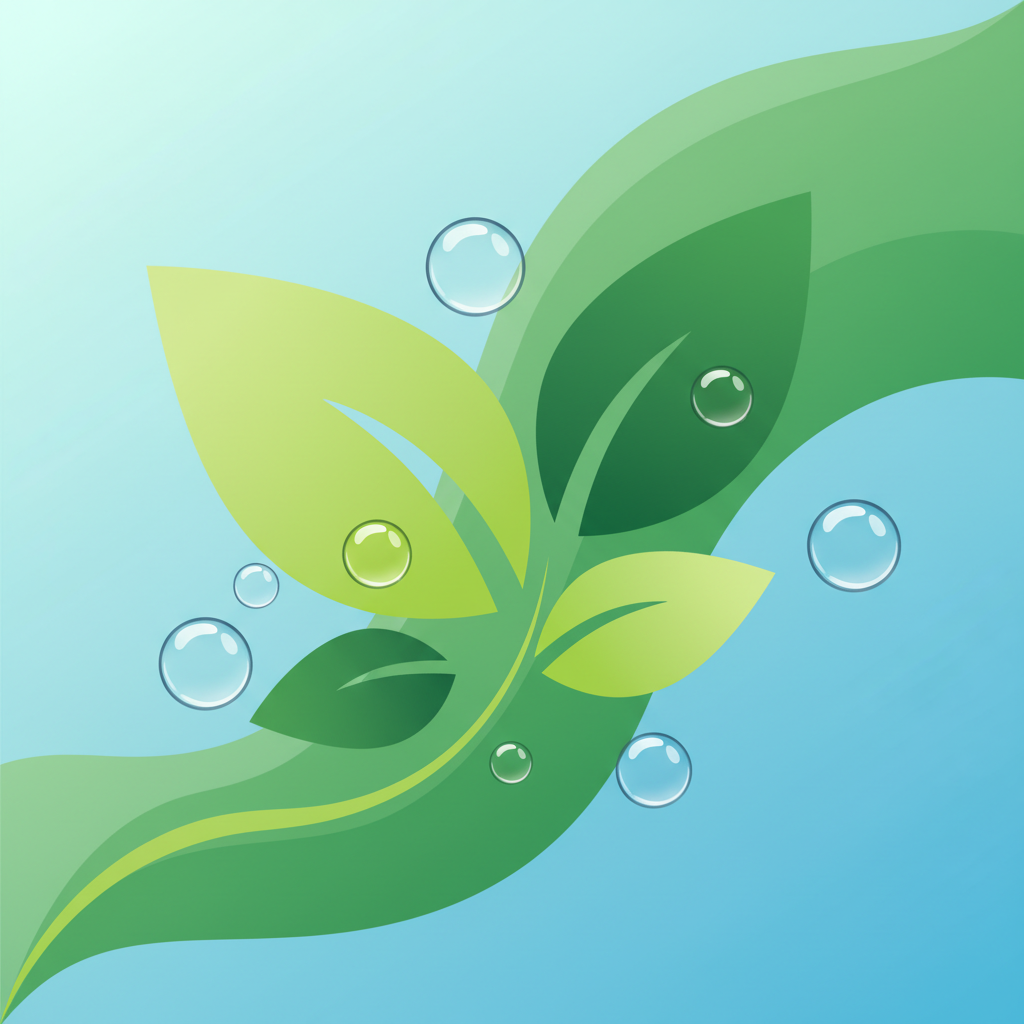 A clean infographic showing green leaves and water drops symbolizing bladder health, modern layout, high contrast, gradient background, no text