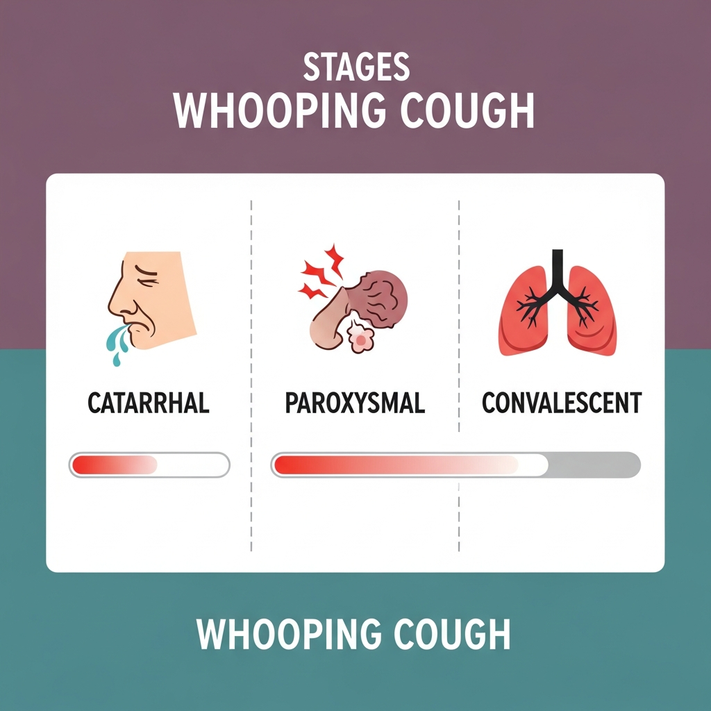 A clean infographic illustrating the stages of whooping cough symptoms (catarrhal, paroxysmal, convalescent stages) with clear, distinct icons and progress bars, modern layout, high contrast, colored background, no visible text in image