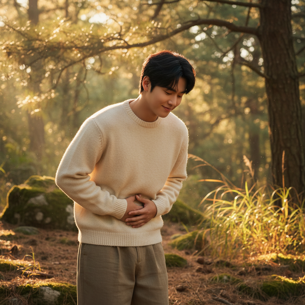 A Korean person gently holding their stomach, looking relieved after experiencing discomfort, warm lighting, natural setting, textured background, no text