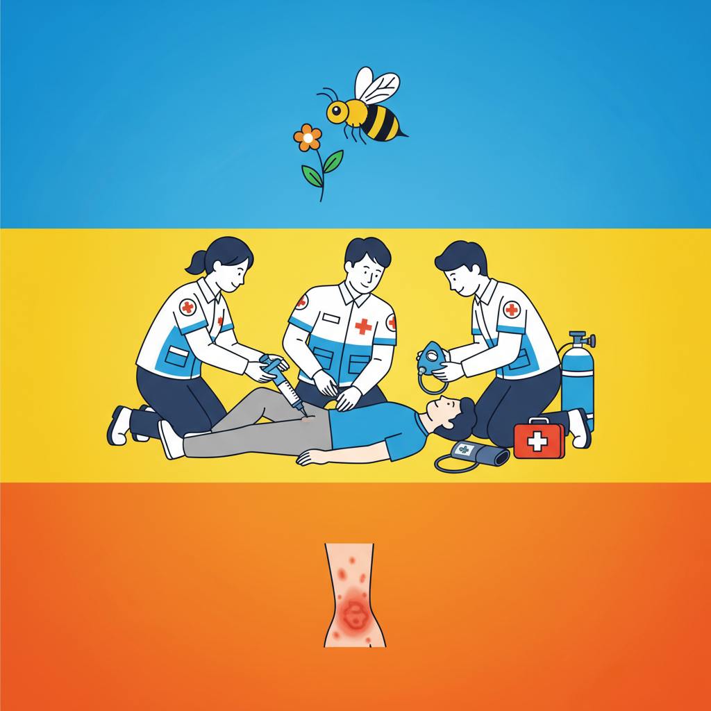 A clean infographic showing emergency personnel providing first aid to a person experiencing anaphylactic shock after a bee sting. The scene includes medical equipment and clear, calm actions, modern layout, high contrast, vibrant colored background, no visible text in image, Korean appearance