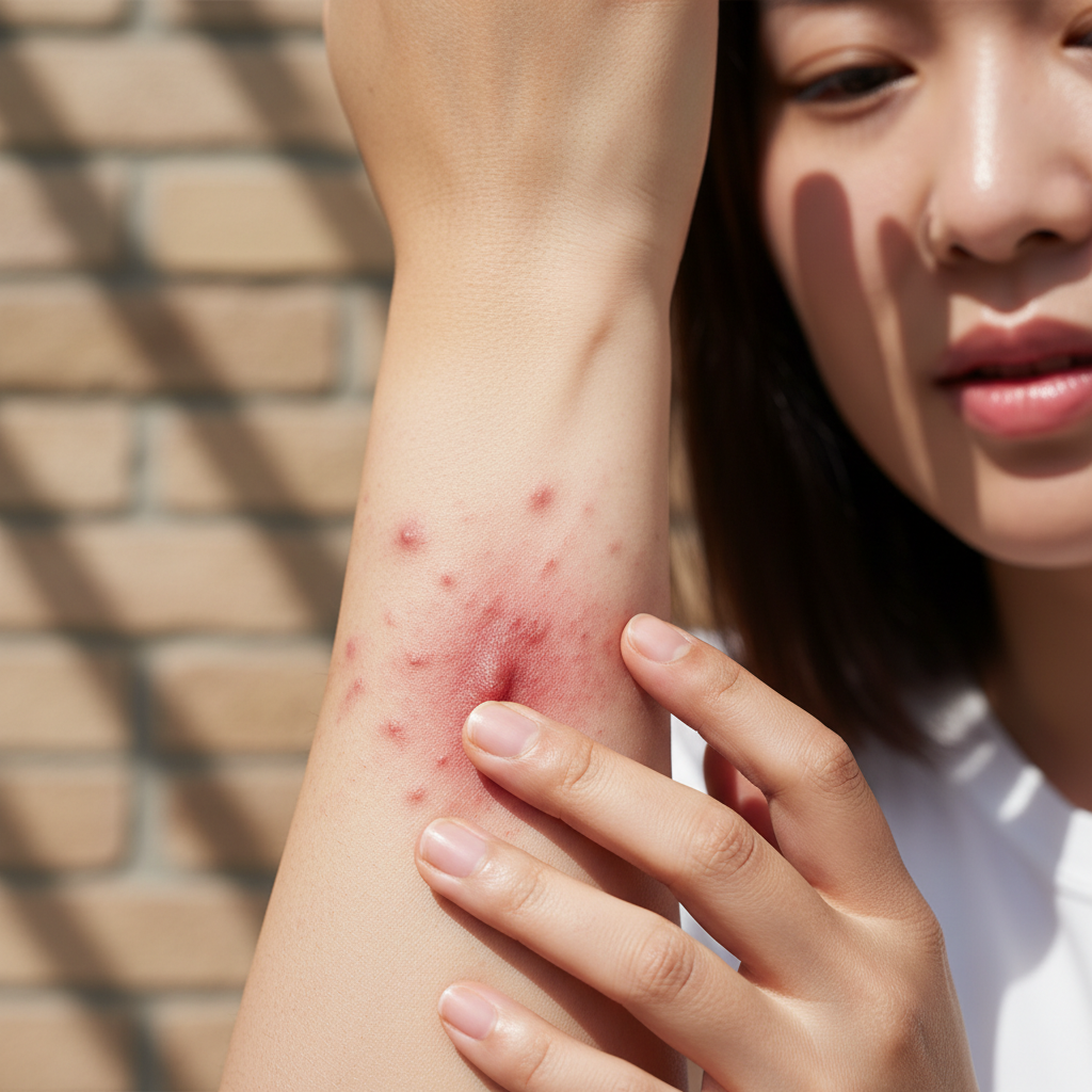 A close-up lifestyle photograph of a person's arm with a red, swollen bump and hives from a bee sting, showing slight discomfort, natural skin tone, bright lighting, textured background, no visible text in image, Korean appearance