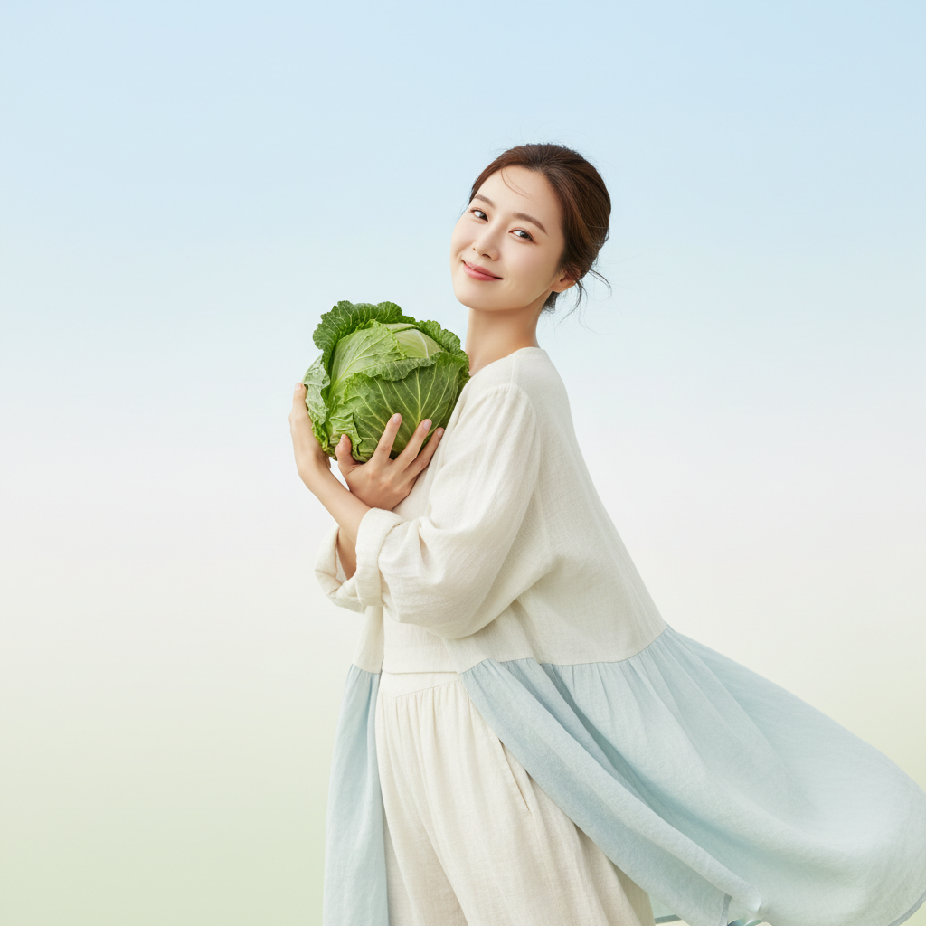 A Korean woman looking refreshed and light, holding a fresh cabbage, implying good digestion and health. Lifestyle photography, bright lighting, gradient background, no text