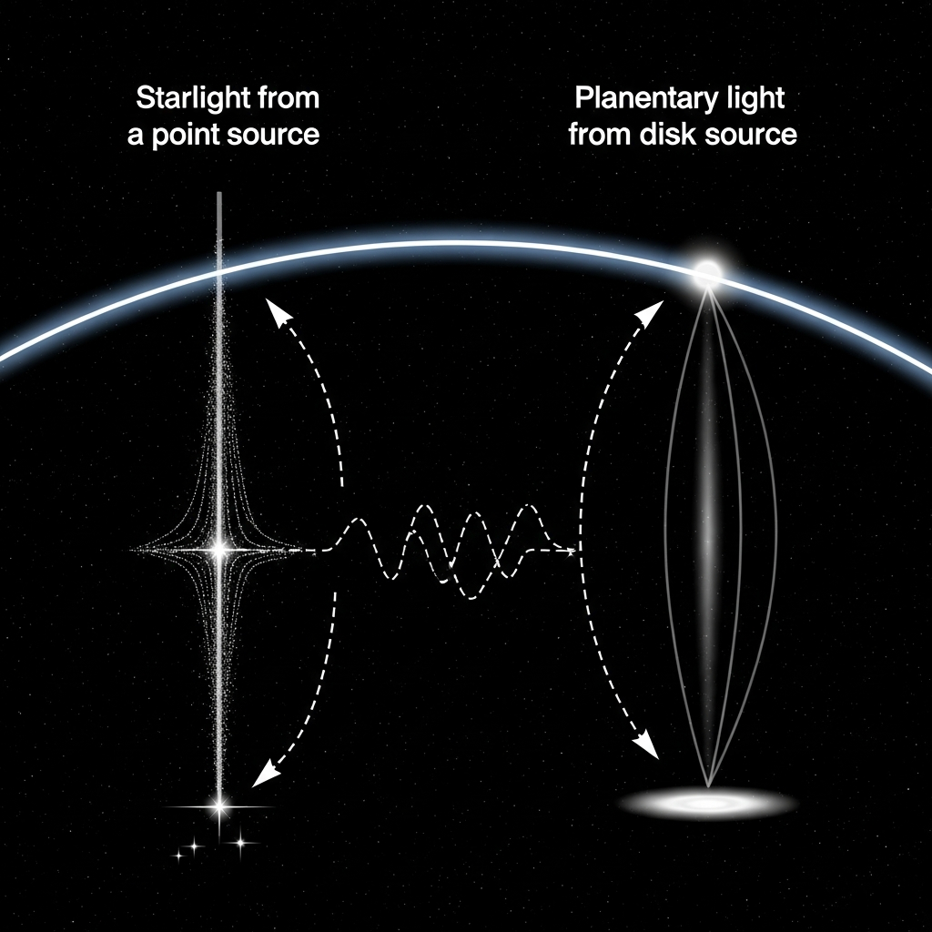 Clean infographic comparing how starlight (point source) and planetary light (larger disk) are affected by Earth's atmosphere, highlighting less twinkling for planets, high contrast, dark space background with Earth's atmosphere, no text