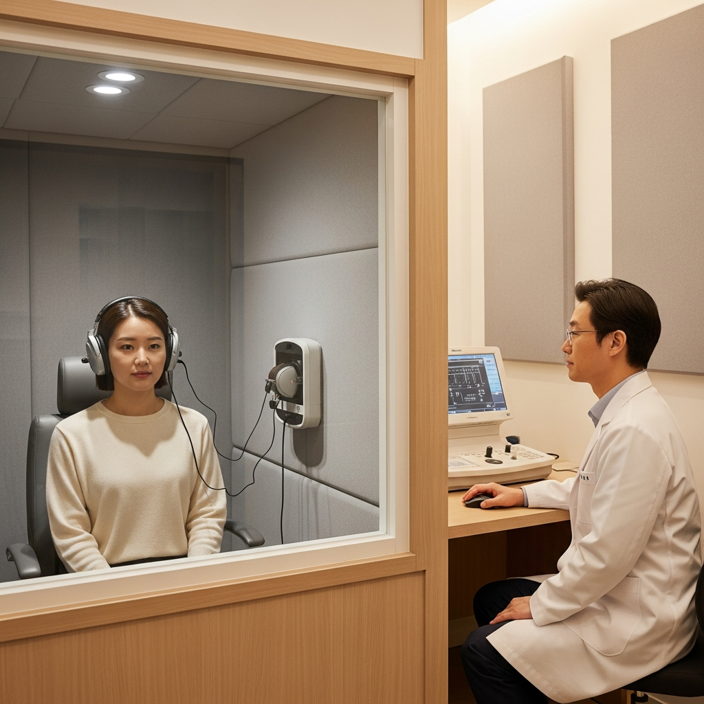 A Korean patient undergoing a hearing test (audiometry) in a modern, clean medical examination room. The patient is wearing headphones, and a doctor or technician is observing. Clean infographic or lifestyle photography, no text.