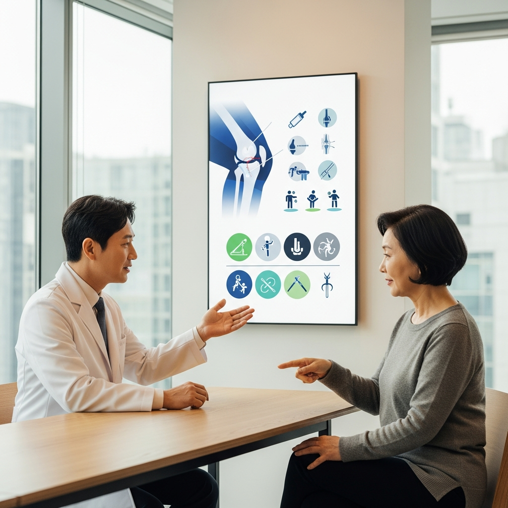 A Korean doctor consulting with a patient about knee treatment options in a modern clinic setting. Clean infographic, modern layout, high contrast, no visible text.