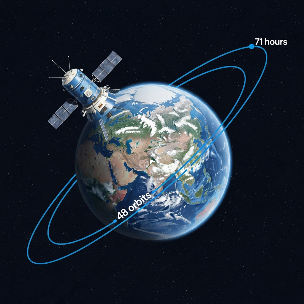 An illustration depicting the Vostok 6 spacecraft orbiting Earth, with a clear trajectory line showing 48 orbits over 71 hours. Emphasize the historical context of 1963. Style: clean infographic. No text.
