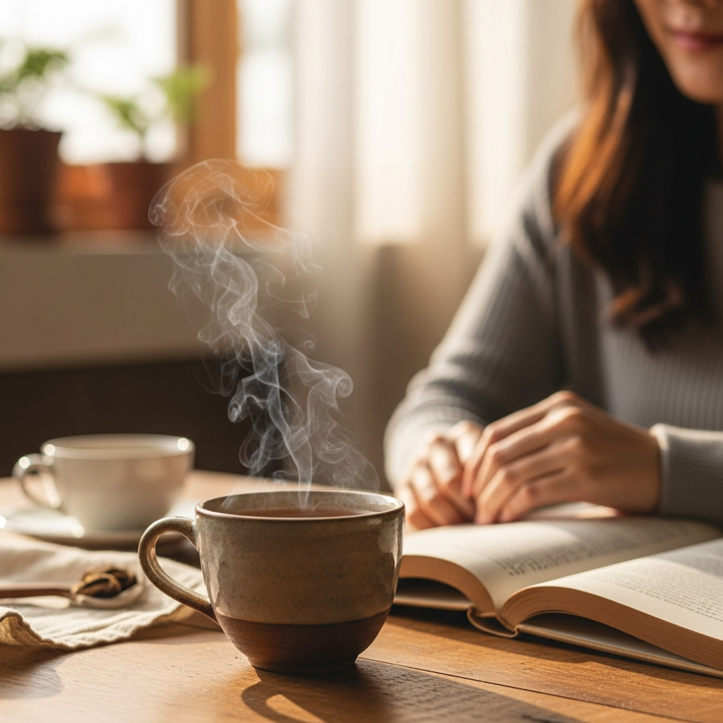 A warm, inviting scene of a cup of pu-erh tea, with steam gently rising, placed on a wooden table next to a book. The background is slightly blurred, suggesting a cozy, healthy lifestyle. Style: lifestyle photography. No text, Korean woman.