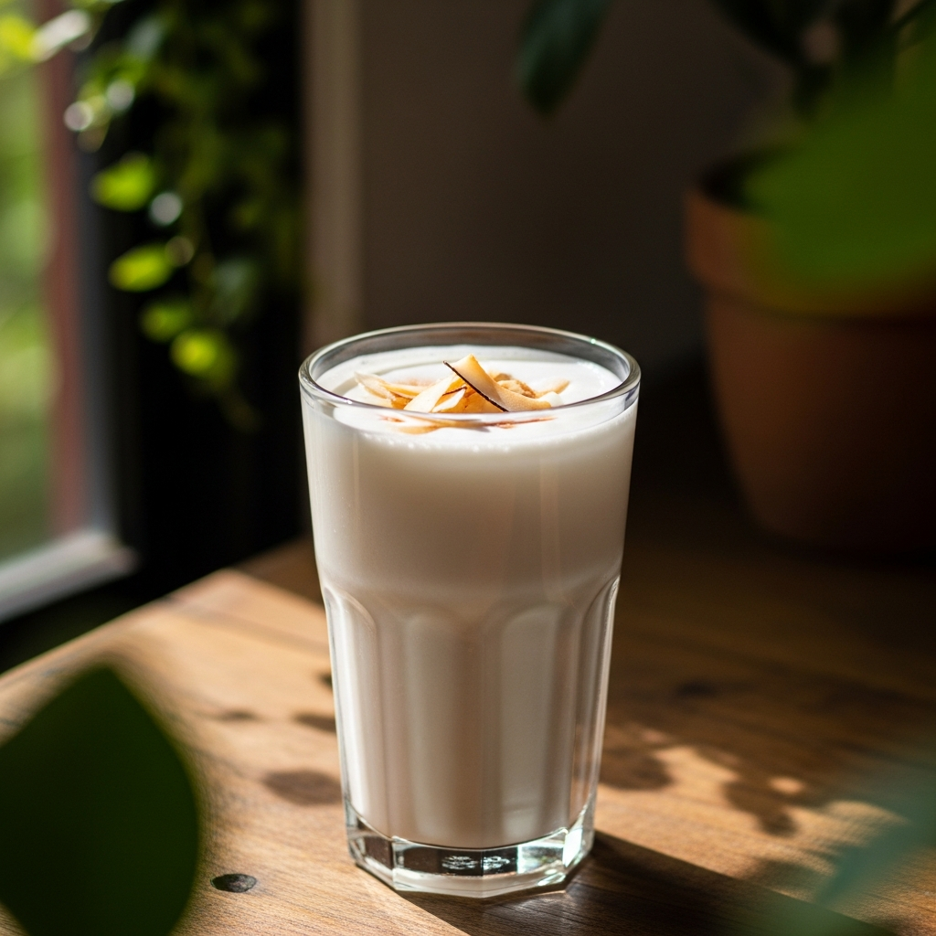 A creamy, healthy beverage made with coconut milk, beautifully presented, natural light, rich background, no text