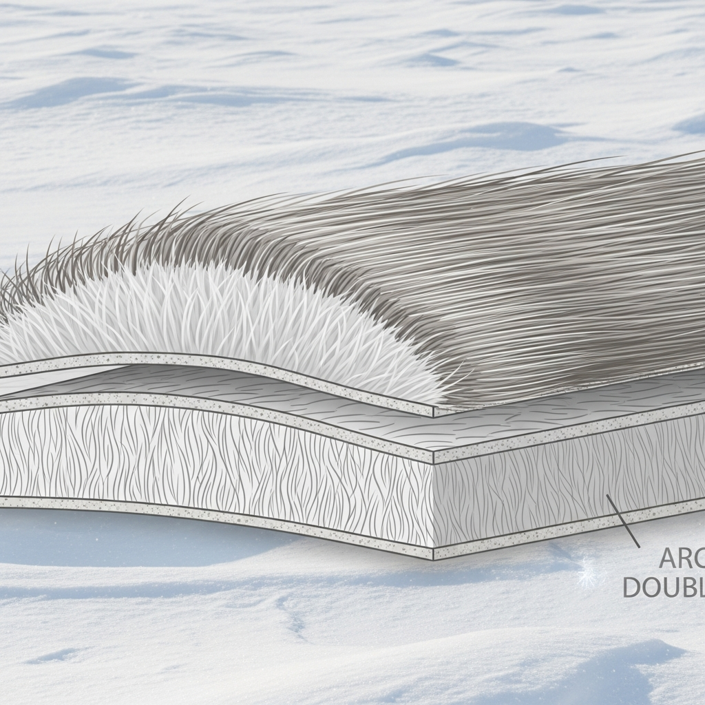 Clean infographic showing a cross-section of arctic fox double fur, illustrating inner soft dense layer and outer long guard hairs, high contrast, textured snowy background, no text