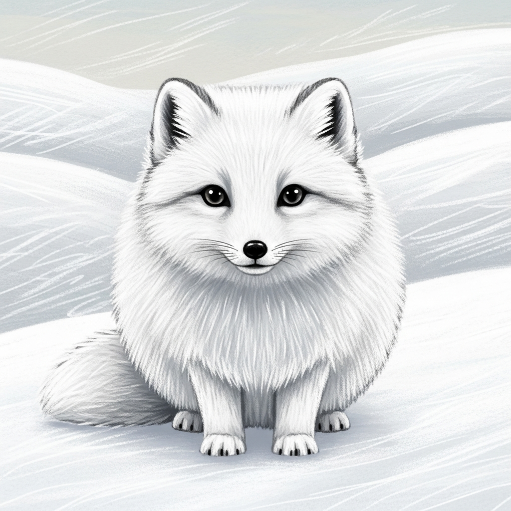 Illustration of an arctic fox with short legs, small ears, and a round body, emphasizing minimized surface area to retain heat, artistic rendering, textured background of snowy hills, no text