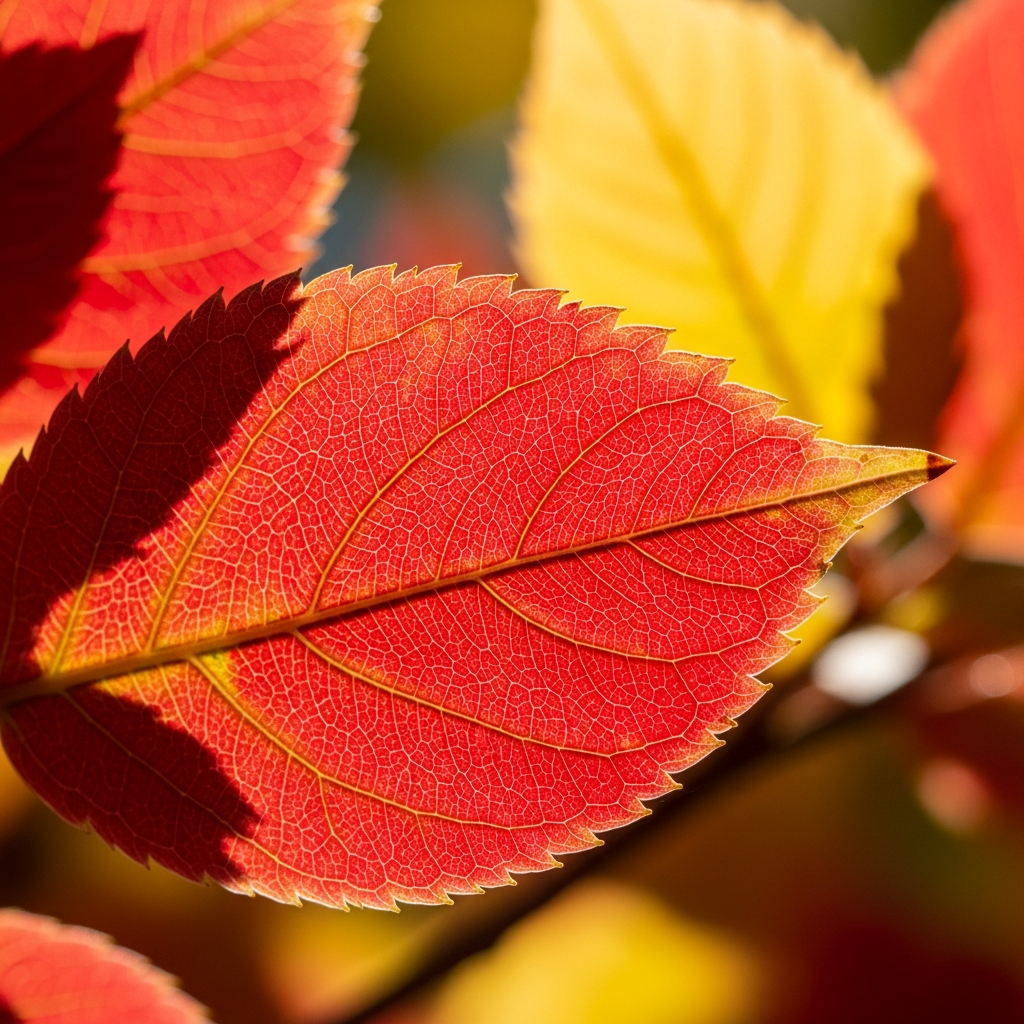 Close-up of vibrant red and yellow autumn leaves, intricate details of veins, bright natural lighting, lifestyle photography, textured background, no text