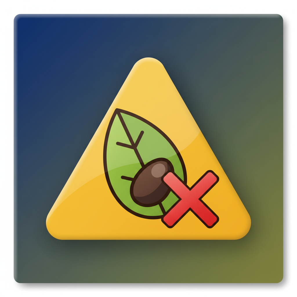 A clean infographic element with a subtle warning sign icon, showing a stylized loquat leaf and seed with an "X" mark, indicating caution. Modern layout, high contrast, colored background, no text