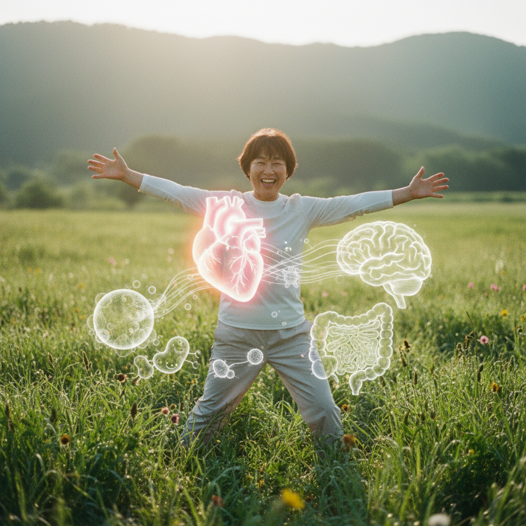 A cheerful Korean person, mid-age, feeling energetic and healthy in a natural, bright setting. Illustrations of a strong heart, clear mind, and healthy gut subtly integrated around them. Lifestyle photography, warm lighting, textured background, no text