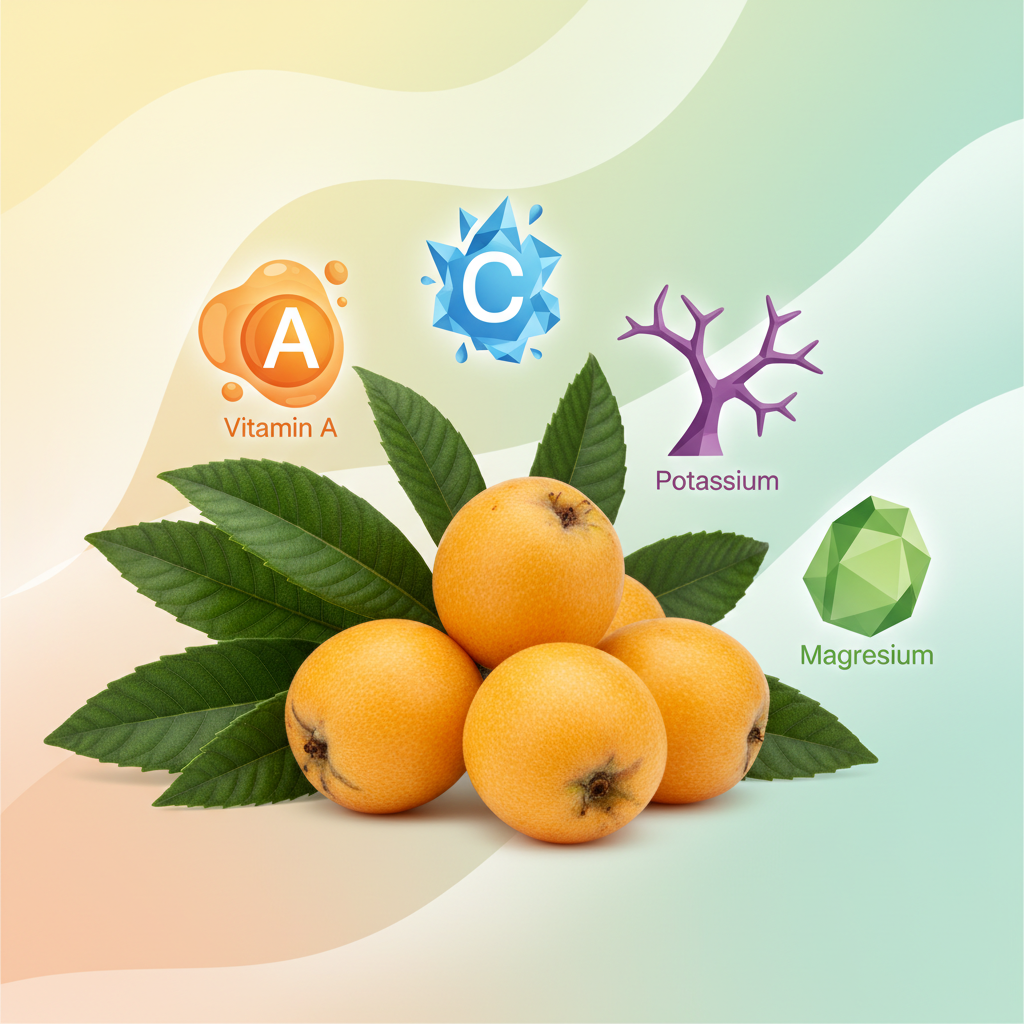A vibrant still life of fresh loquat fruits and leaves, surrounded by abstract representations of vitamins and minerals like A, C, potassium, magnesium. Clean infographic style, bright balanced lighting, soft gradient background, no text, Korean setting