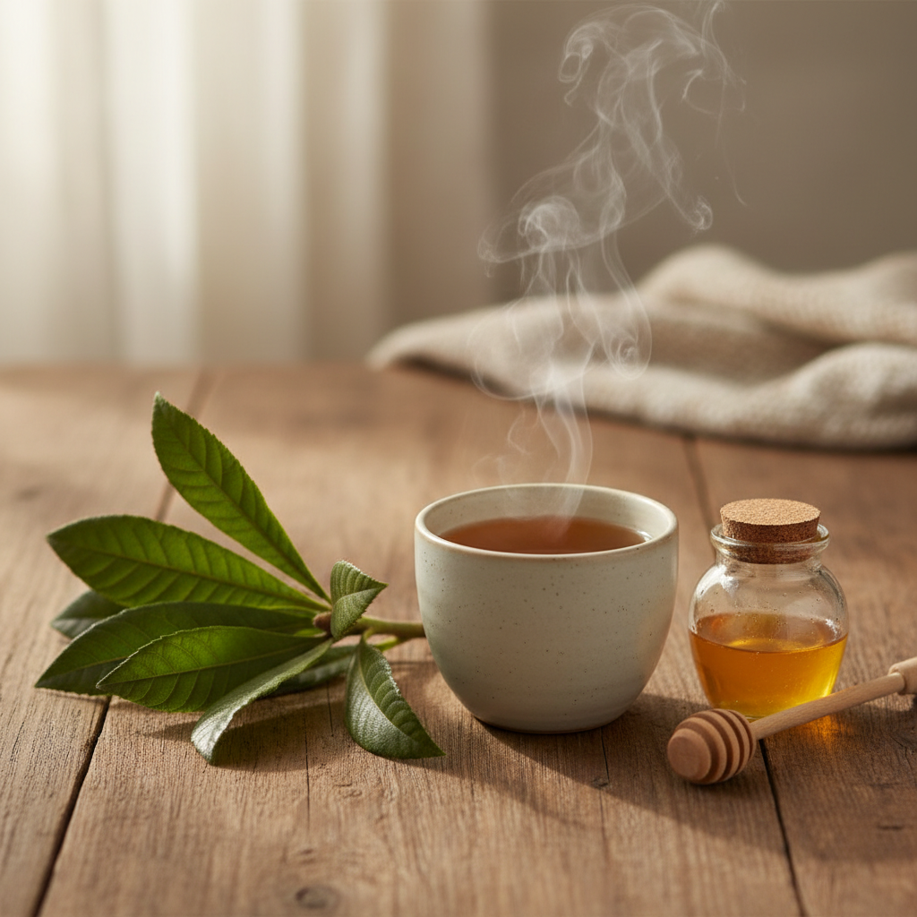 A soothing cup of loquat leaf tea steaming gently on a wooden table, with fresh loquat leaves and a small jar of honey nearby. Warm, inviting atmosphere. Lifestyle photography, soft lighting, textured background, no text