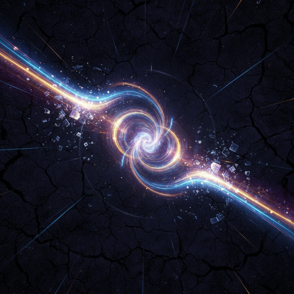 Abstract illustration of concepts like 'warp drive' or 'wormhole' with light trails, futuristic and mysterious atmosphere, dark textured background, no text