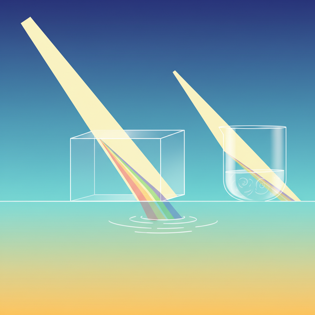 A modern illustration showing a light beam entering water and changing direction (refraction), glass and air examples, gradient background, no text