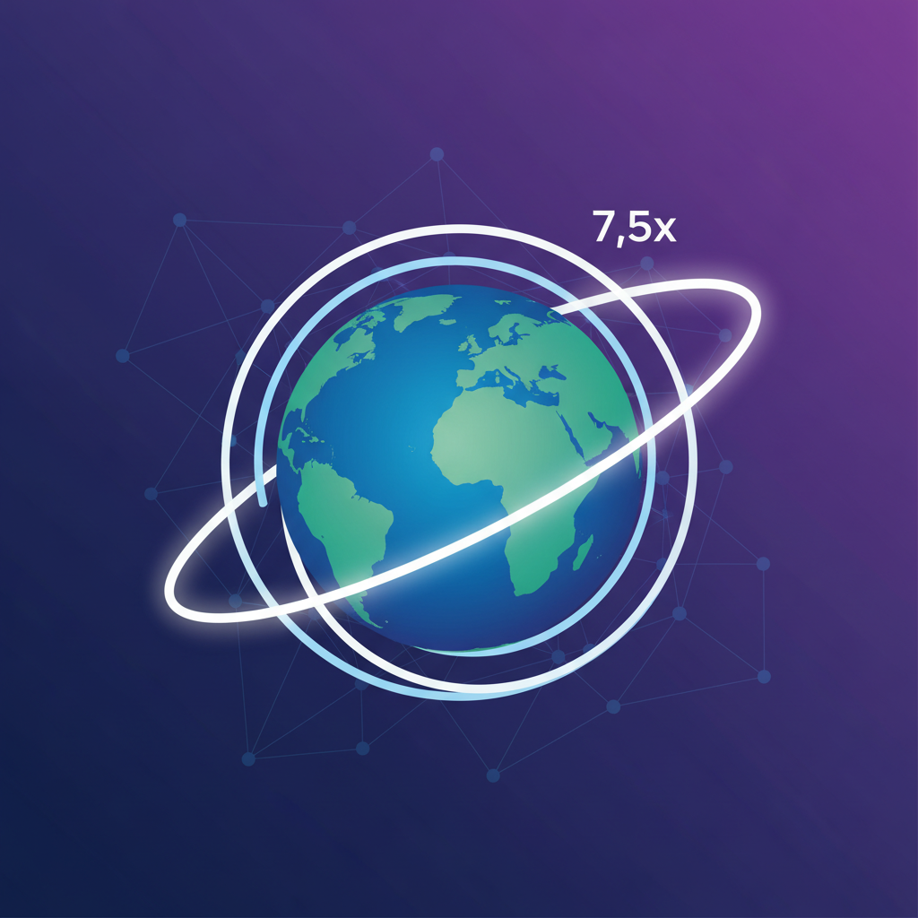 Clean infographic showing the earth and a light beam circling it 7.5 times in one second, modern layout, high contrast, colored background, no text