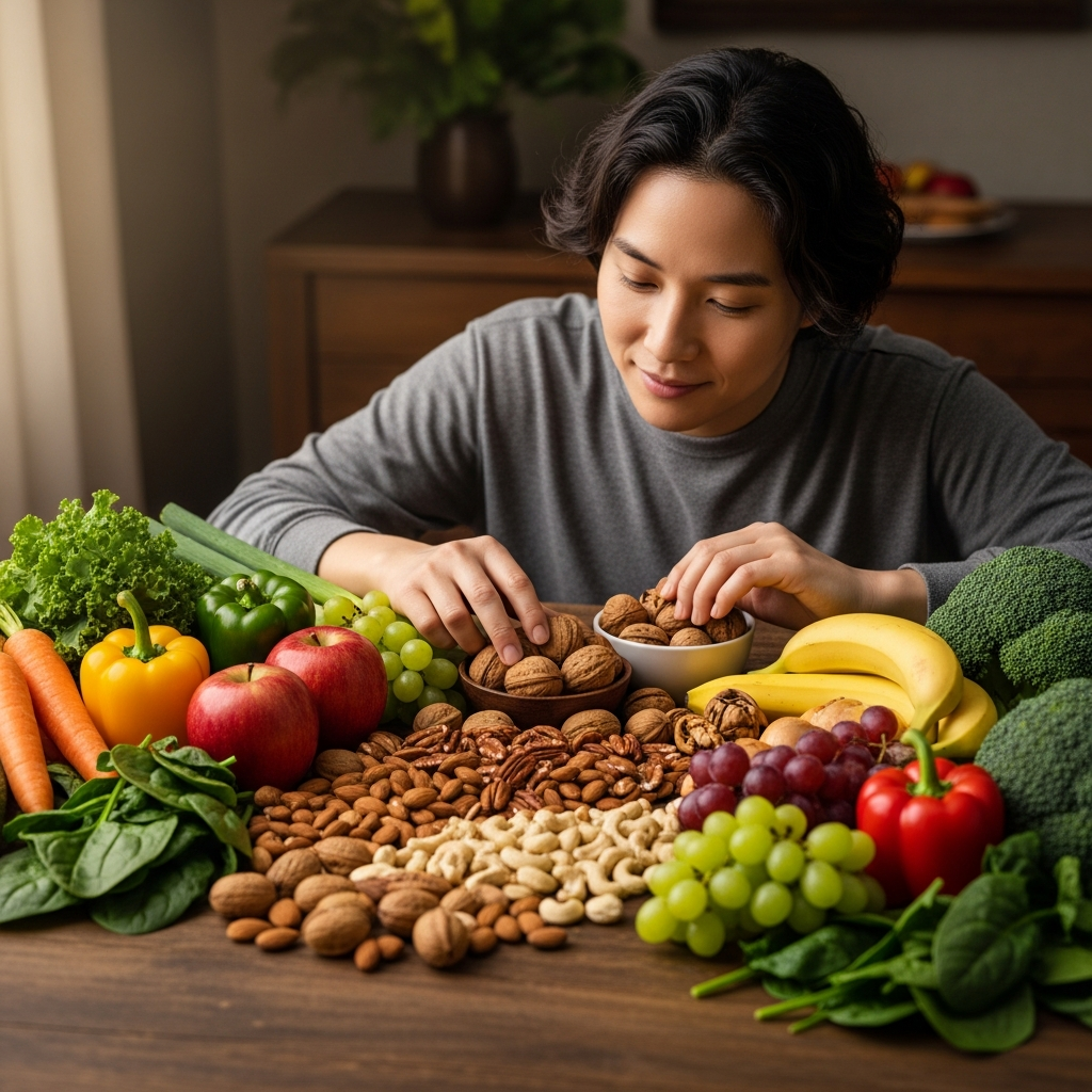 A Korean person thoughtfully examining a variety of healthy foods like nuts, fresh fruits, and green vegetables on a wooden table, emphasizing a balanced diet for bone health, warm lighting, natural setting, rich colored background, no text