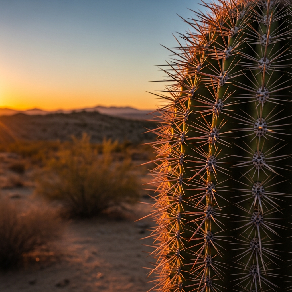 A close-up shot of a cactus in a desert environment, emphasizing its thorns and showing it conserving water. Dry, arid landscape background, warm lighting, natural setting, no text.