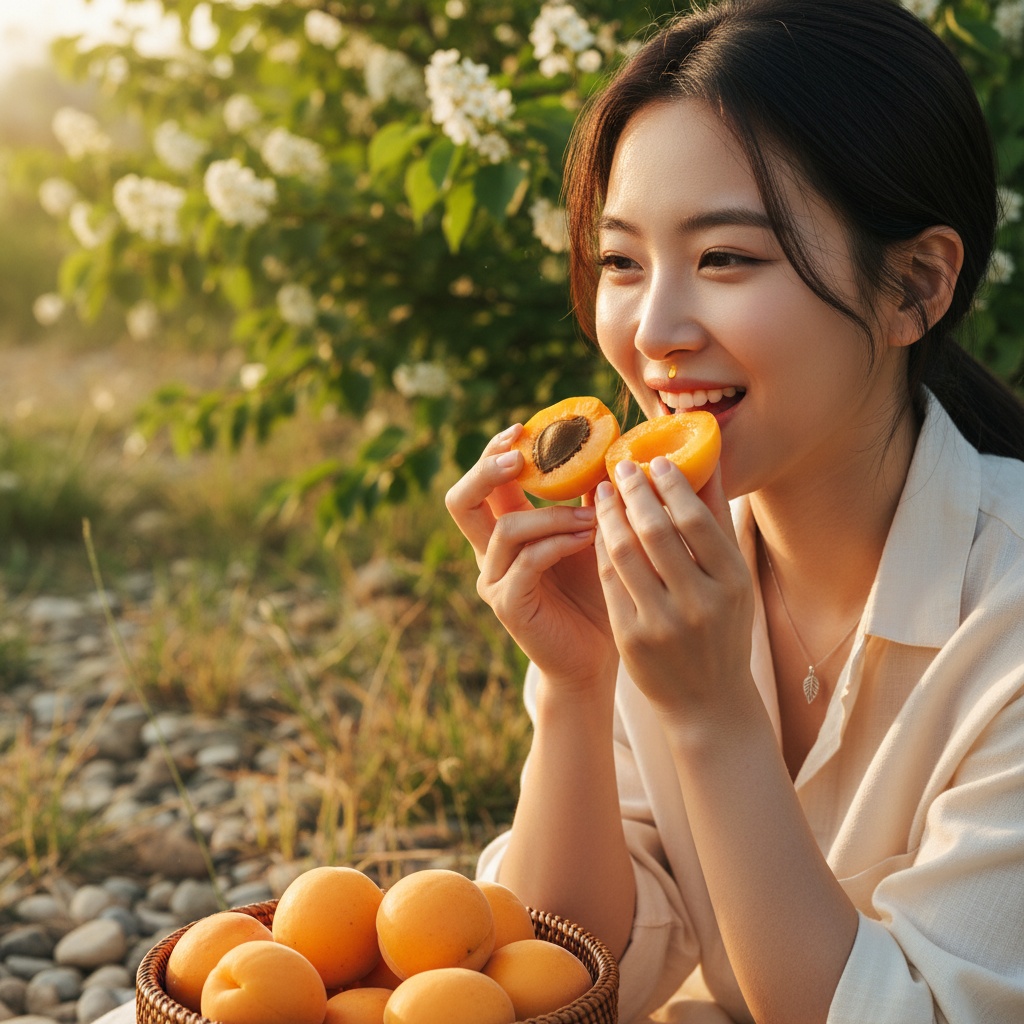 A Korean person happily eating fresh apricots in a bright, natural setting, warm lighting, textured background, no text.