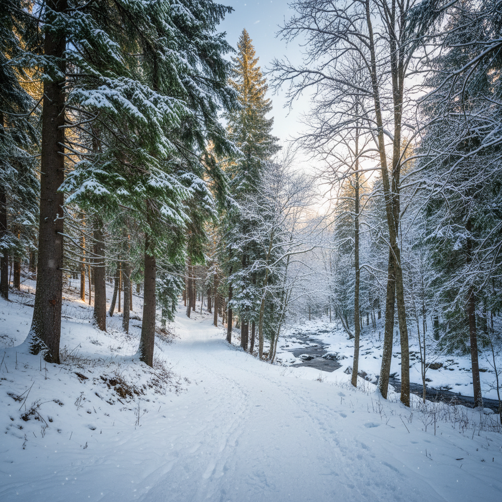 A picturesque winter forest scene contrasting vibrant green evergreen trees with the bare branches of deciduous trees, snow lightly dusting the ground, bright yet soft lighting, natural setting, no text