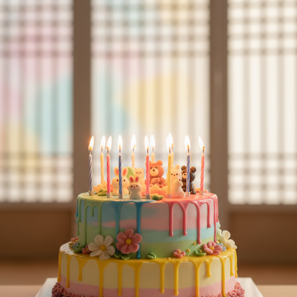 A vibrant birthday cake with lit candles, soft pastel background, no visible text, warm lighting, centered focus, Korean setting