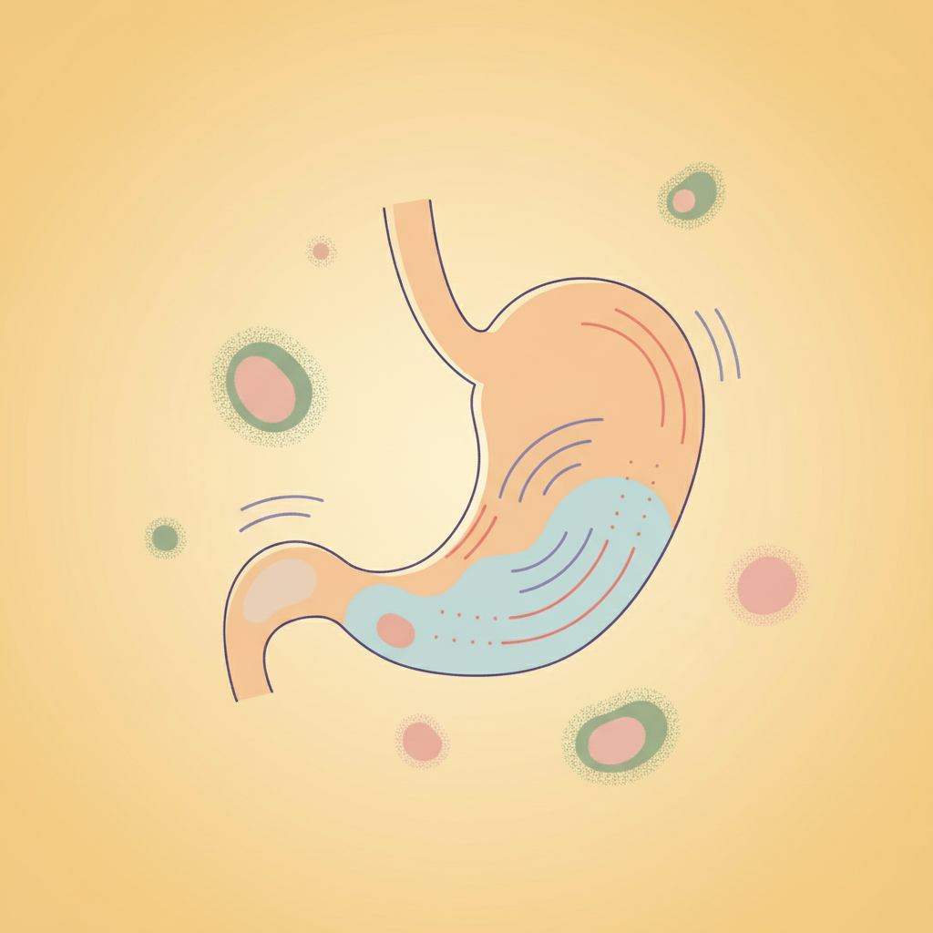 Abstract illustration depicting gentle stomach discomfort and a mild allergic reaction, clean and minimalist style, warm yellow background, no text