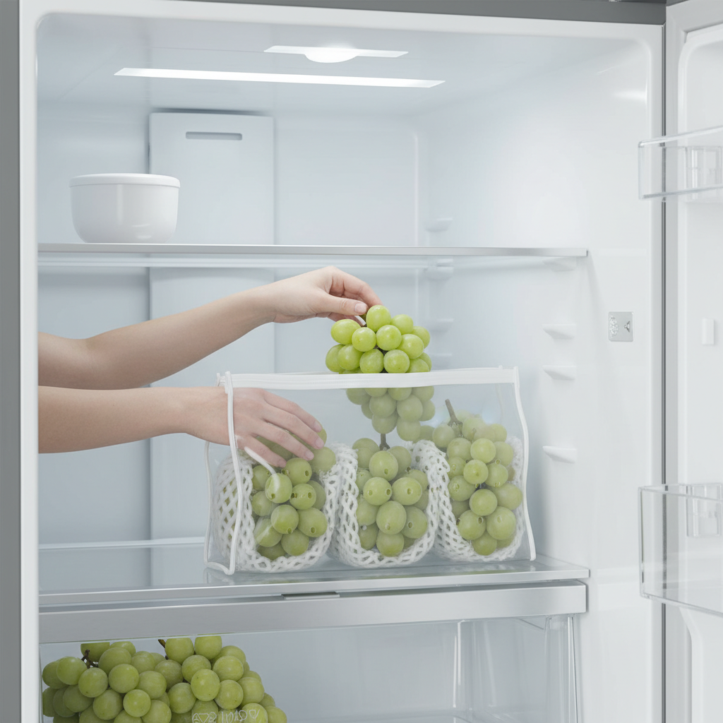 A bunch of Shine Muscats being carefully placed into a specialized fruit storage bag inside a clean, modern refrigerator, lifestyle photography, bright lighting, cool white and silver background, no text
