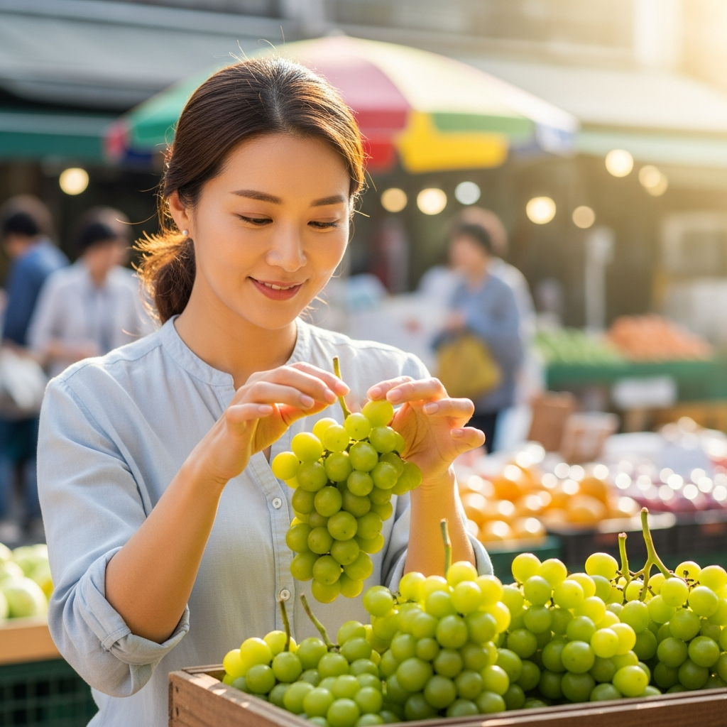 A Korean woman carefully selecting fresh Shine Muscat grapes at a market, looking for vibrant green color, soft sunlight, busy market background, no text