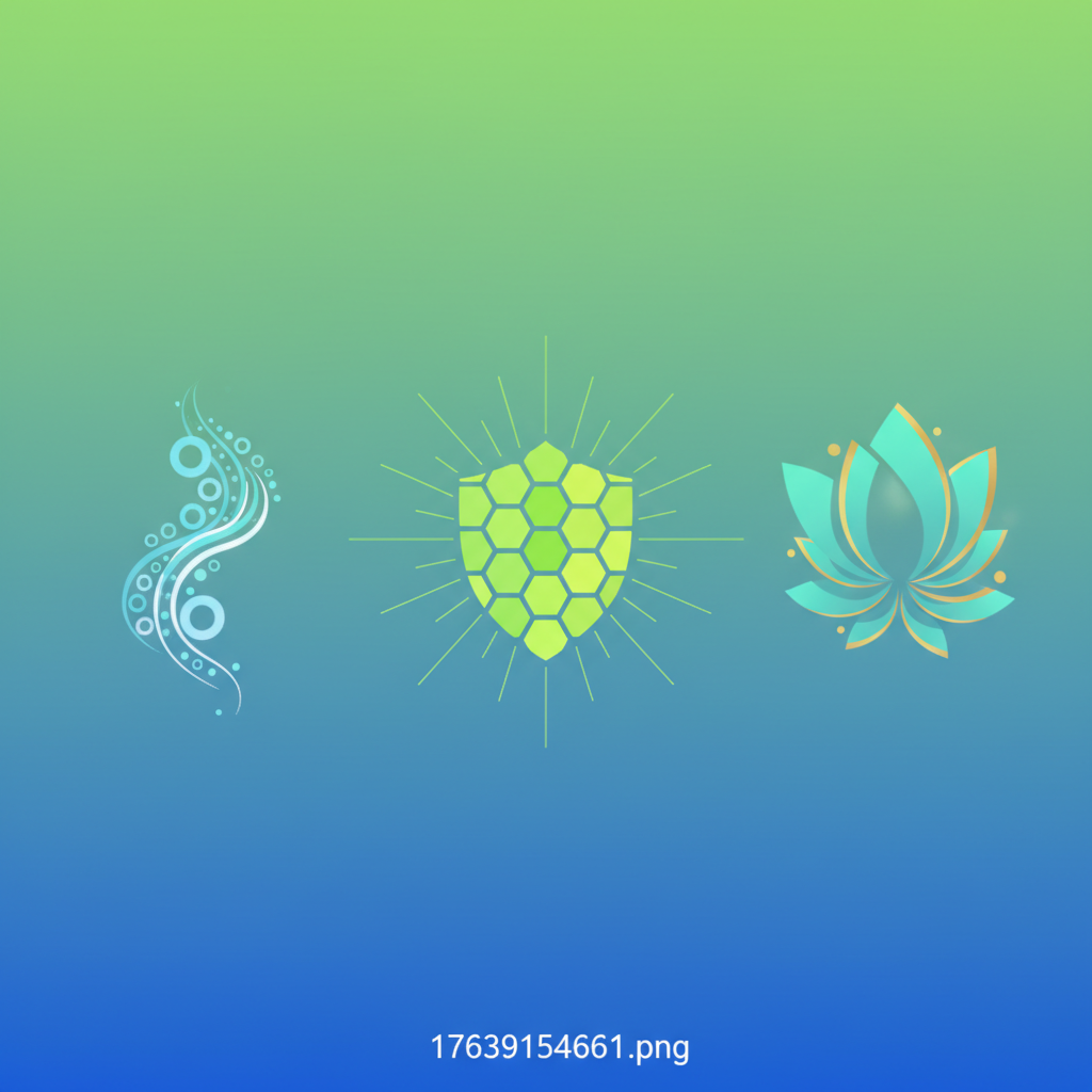 Clean infographic showing three abstract representations of health benefits: improved digestion, enhanced immunity, and radiant skin, modern layout, high contrast, gradient blue and green background, no text